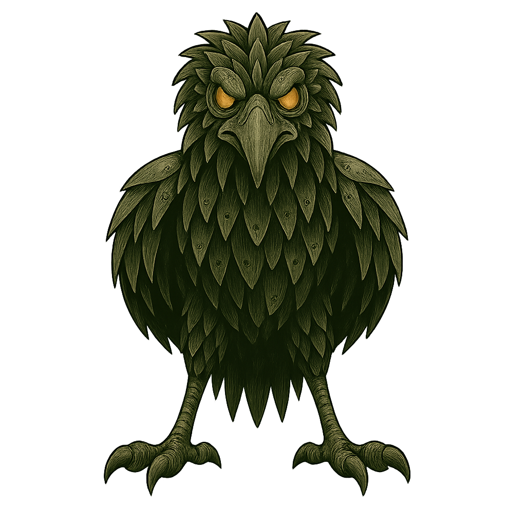 Mechanical raven perched on a vintage computer — OverKill Hill P³ illustration