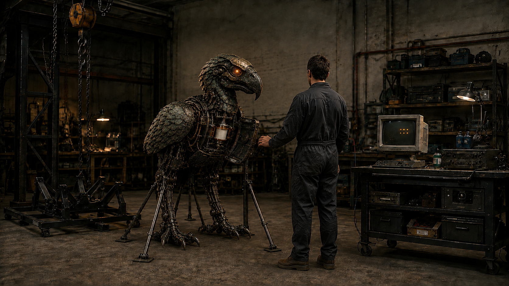 The MurderBird rests on floor-mounted supports while the Builder inspects an open chest compartment containing a pale cylindrical power assembly.