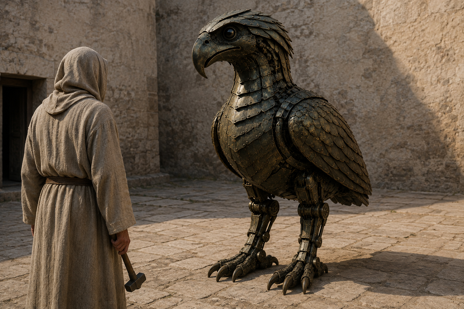 The hooded Maker, seen from behind with an intact hammer lowered, faces the bronze MurderBird standing on the courtyard paving.