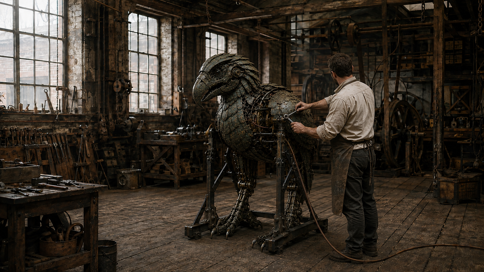 The Mechanic works on the MurderBird’s exposed side while a floor-mounted frame supports the body in an industrial workshop.
