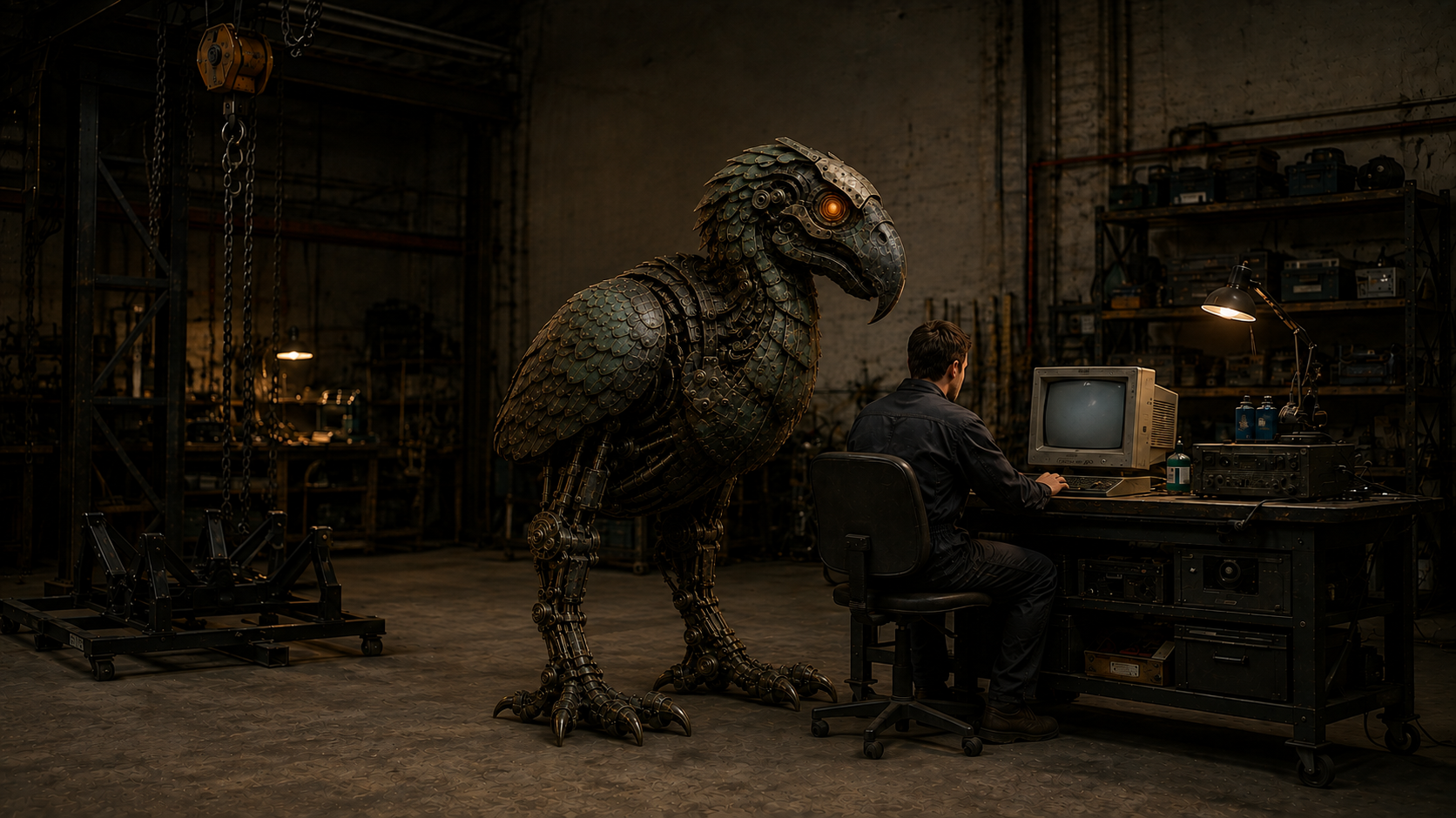 The floor-standing MurderBird watches a seated operator at a workbench, with its head inclined toward the CRT computer.