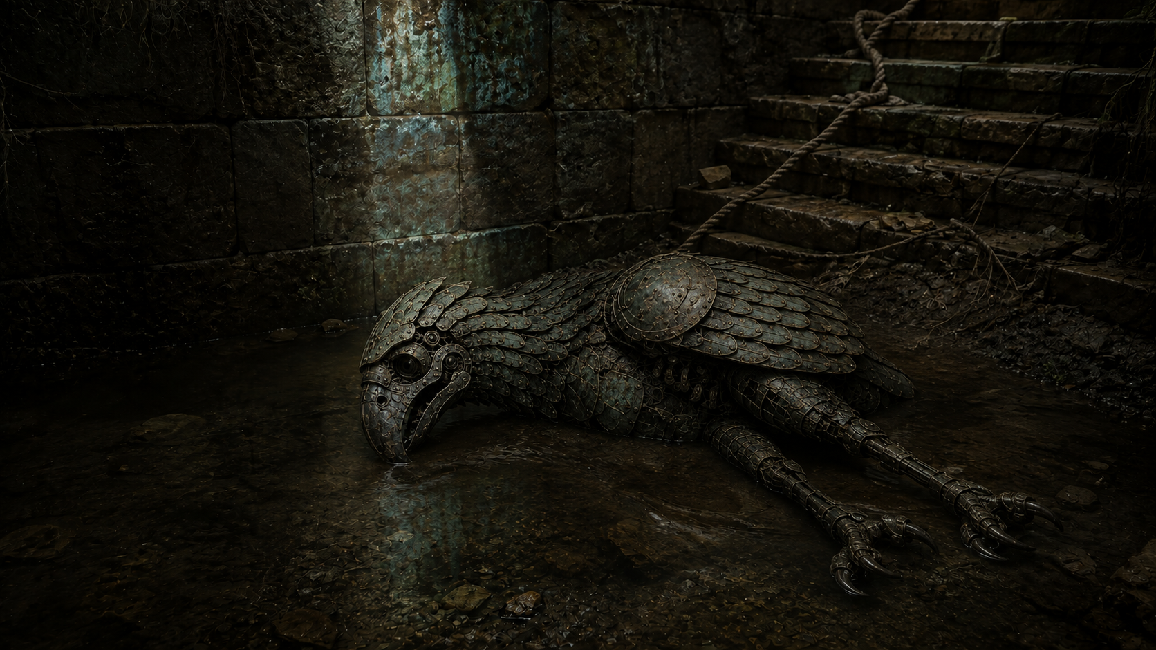 The inert MurderBird lies partly submerged in a stone cistern, its eye dark and its plates covered with sediment and mottled mineral deposits.