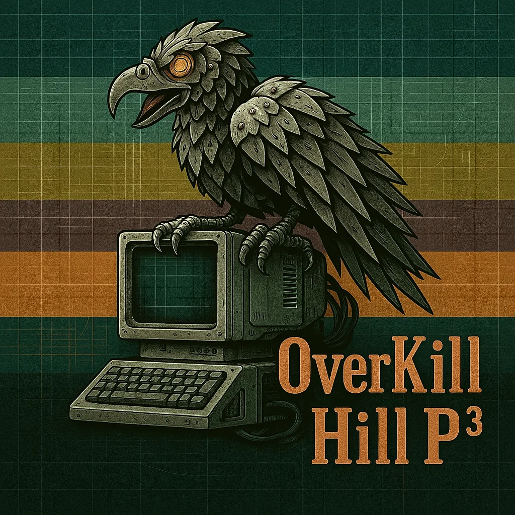 Mechanical terror bird perched on a glowing retro CRT computer against wide horizontal
                   industrial stripes in carbon, rust orange, mustard, plum, and teal, with blueprint
                   grid and schematic line work overlaid across the full image. Jagged metal feathers,
                   riveted armor plates, clawed talons, glowing orange cybernetic eyes. Text in two
                   staggered rows at lower right: OverKill / Hill P3, in distressed blood-orange
                   stencil font.