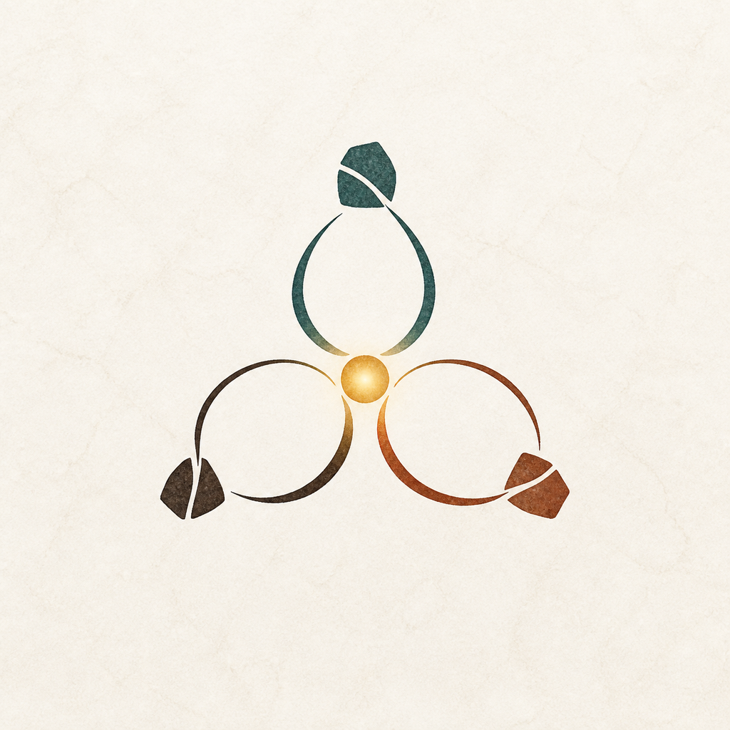 Three story paths in teal, espresso, and rust curve inward to a single glowing amber nucleus, the Telling Forward mark