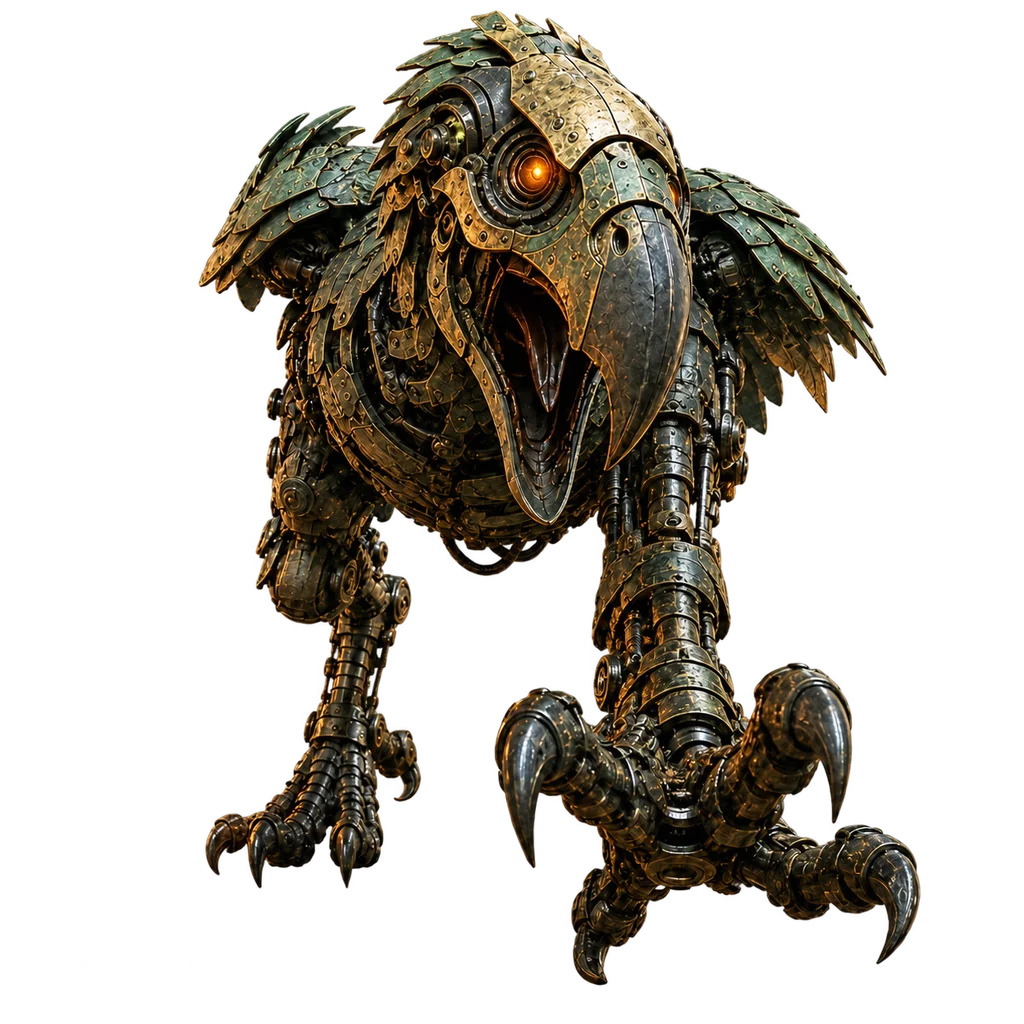 The MurderBird advances with a raised metal talon, layered bronze armor, dark green patina, and glowing orange eyes.